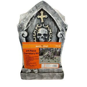 Spooky Village 24 Piece Cemetery Tombstones Kit Skeleton Hands Halloween Decor